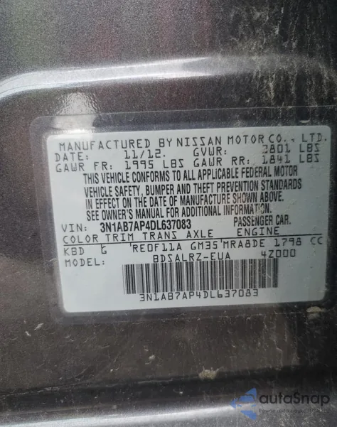 2013 Nissan Sentra S z USA, uszkodzony, nr VIN 3N1AB7AP4DL637083